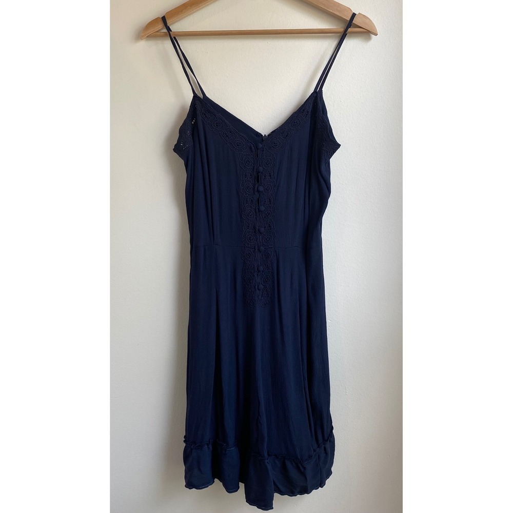 Free People Embroidered Mini Dress Womens 6 Navy Blue Boho Ruffle Hem Summer
